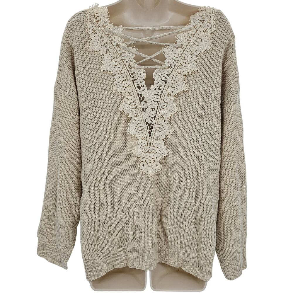 Cupshe Womans size M Beige Off Shoulder Round Neck Lace Up Back Sweater Top NEW